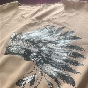 Source Unknown Tan Top with Feathered Headdress Design